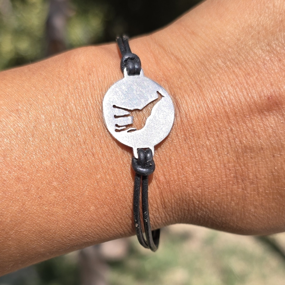 Handmade sterling silver 925 giraffe cut-out black leather bracelet